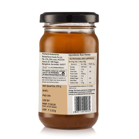 Side-back view of Rosewood Honey jar showing label and barcode