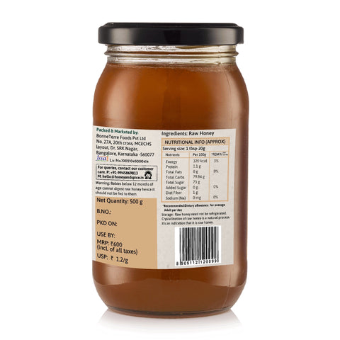 Side label of Rosewood Honey jar showing nutrition facts and barcode