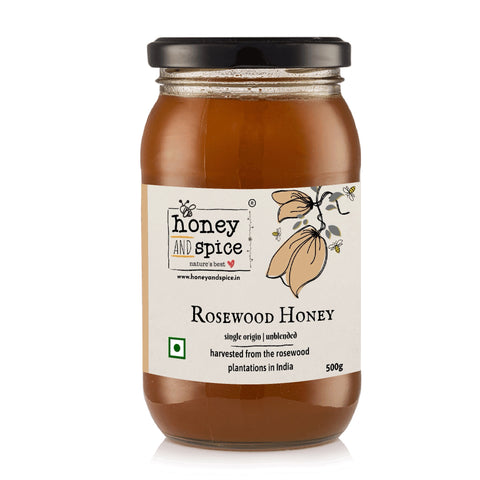 Front view of Rosewood Honey 500g jar with illustrated label