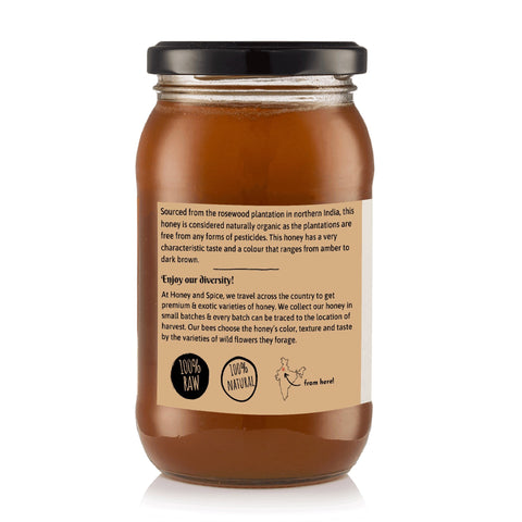 Rear view of Honey and Spice Rosewood Honey 500g jar with usage directions