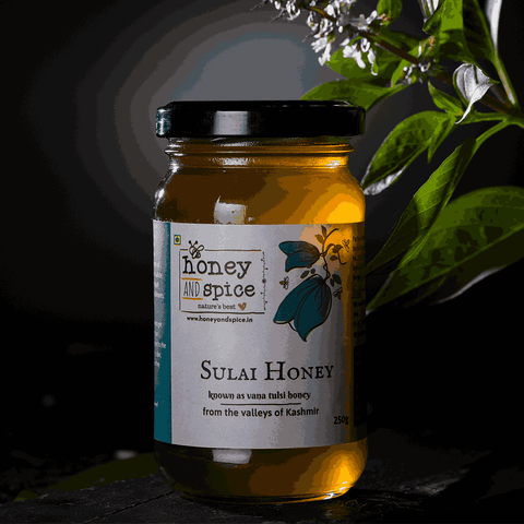 Sulai Honey Jar 250g in Natural Light with Greenery Background.