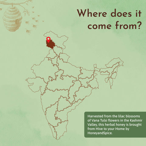 Map Showing Sulai Honey’s Origin from Kashmir Valleys in India with Tulsi Source