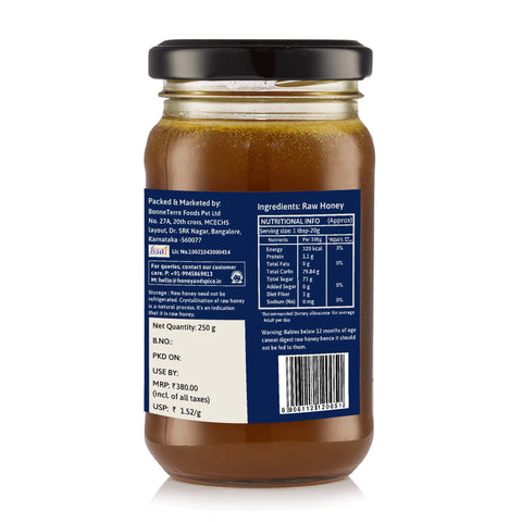 Sweet Cliff Honey 250g jar nutritional information and barcode.