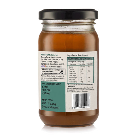 Back view of Tropical Blossom honey jar with nutrition facts and ingredient list