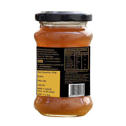 Back label of wild honey jar highlighting nutritional values and information