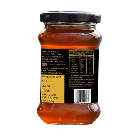 Rear view of wild honey jar with product details, nutrition, and packaging info