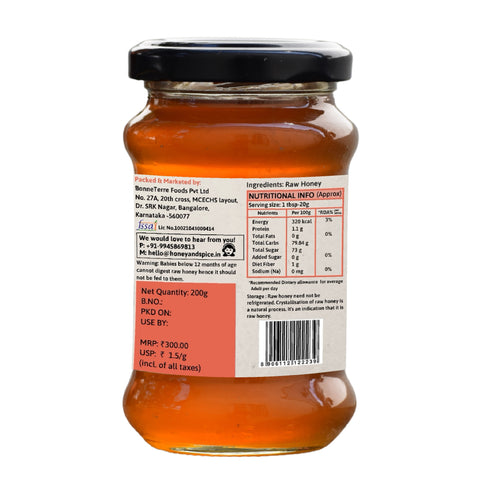 Honey back label - ingredients and nutritional information, natural and authentic.