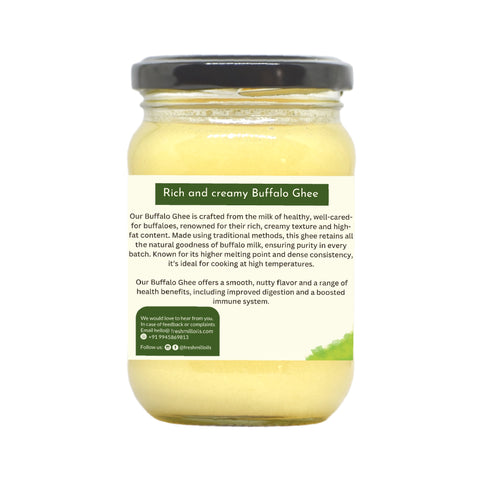 Back view of Buffalo Ghee jar of 250 GM with product description.