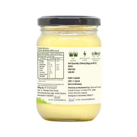 Side view of Buffalo Ghee jar of 250 GM displaying nutritional information and ingredients.