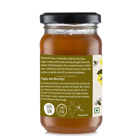 Back view of mustard honey jar – raw, unprocessed honey in reusable glass packaging