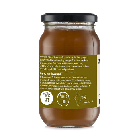 Back view of mustard honey jar – raw, unprocessed honey in reusable glass packaging