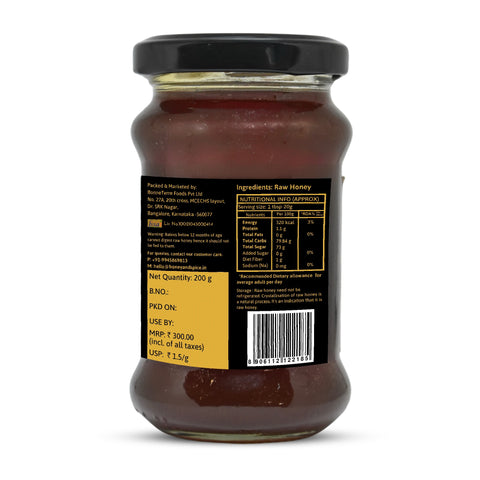 Detailed back label of wild forest honey jar with ingredients, weight, and nutritional info.