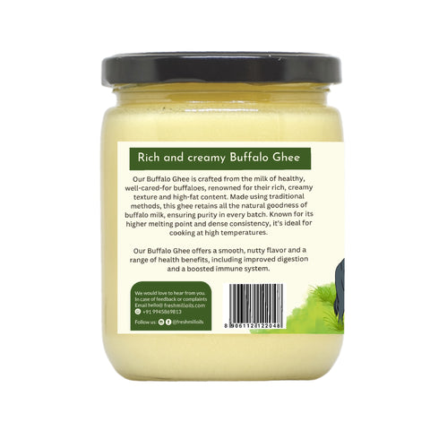 Back view of Buffalo Ghee jar of 500 GM with product description and barcode.