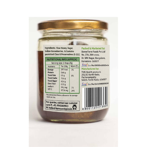 Honey Soaked Amla with golden lid - back label showing natural ingredients and benefits.