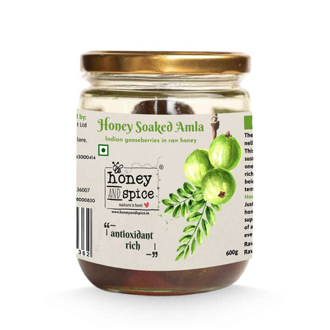 Honey Soaked Amla with golden lid - premium packaging for raw honey and amla fusion.