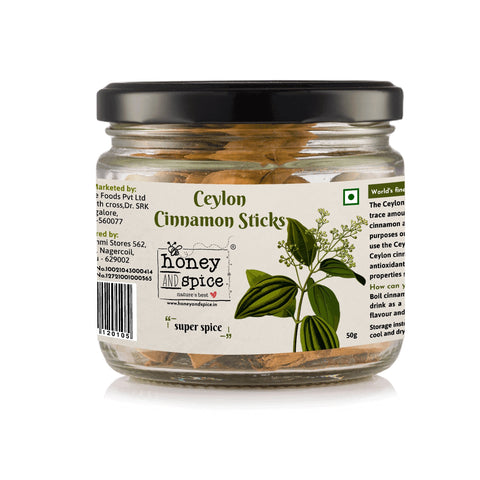 Glass jar of 50g Ceylon Cinnamon Sticks.