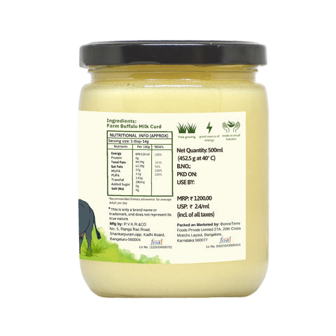 Side view of Buffalo Ghee jar of 500 GM displaying nutritional information and ingredients.