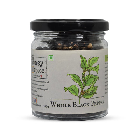 Front view of Whole Black Pepper 100g glass jar with hand-illustrated pepper plant