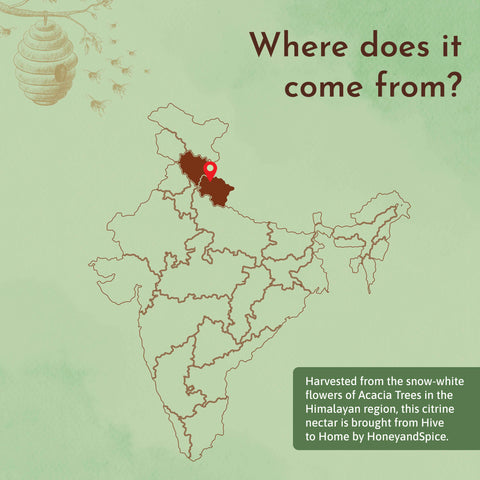 Map showing Himalayan origin of Wild Acacia Honey – sourced from acacia flowers