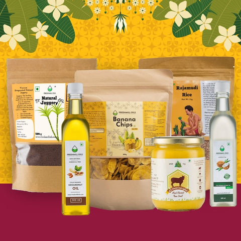 Combo of products featuring Natural Jaggery, Banana Chips, Rajamudi Rice, Groundnut Oil, Coconut Oil, and A2 Desi Cow Ghee.