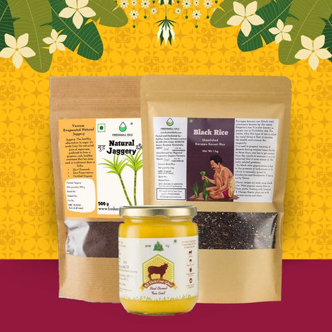 Combo of products featuring Natural Jaggery, Black Rice, and A2 Desi Cow Ghee in eco-friendly packaging.