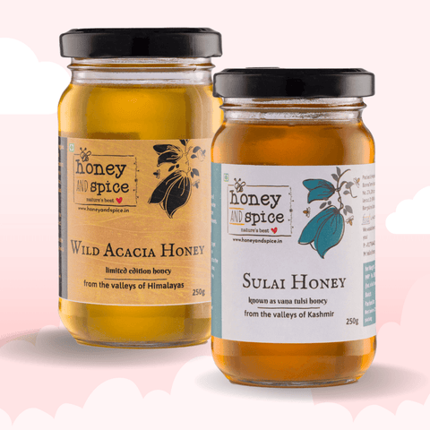Combo of Wild Acacia Honey and Sulai Honey jar showcasing premium raw honey from the Himalayas and Kashmir.