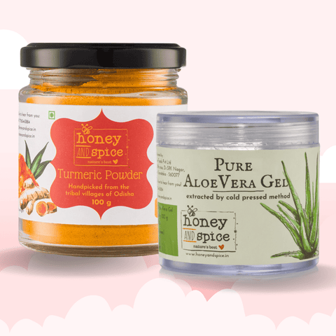 Turmeric Powder and Pure Aloe Vera Gel jars, featuring natural and organic health essentials