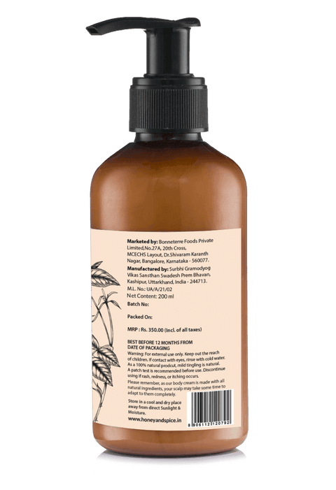Back of Honey and Rose Body Cream – rose extract illustration, batch info, and barcode – 200ml