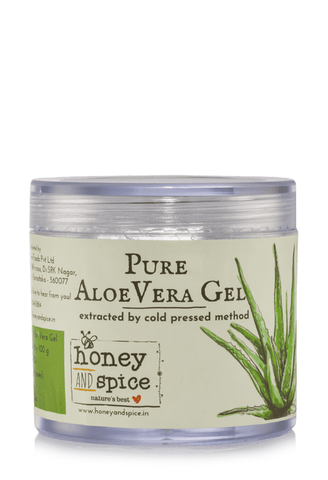 Pure Aloe Vera Gel jar, enriched with cold-pressed aloe