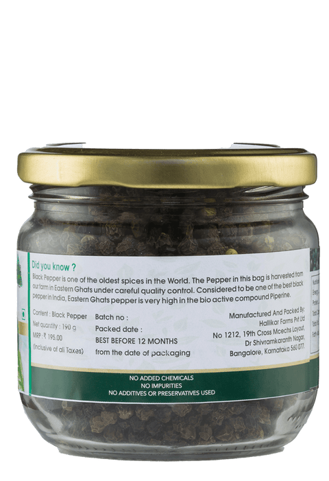 Left side label of Whole Black Pepper jar showing sourcing and ingredient details
