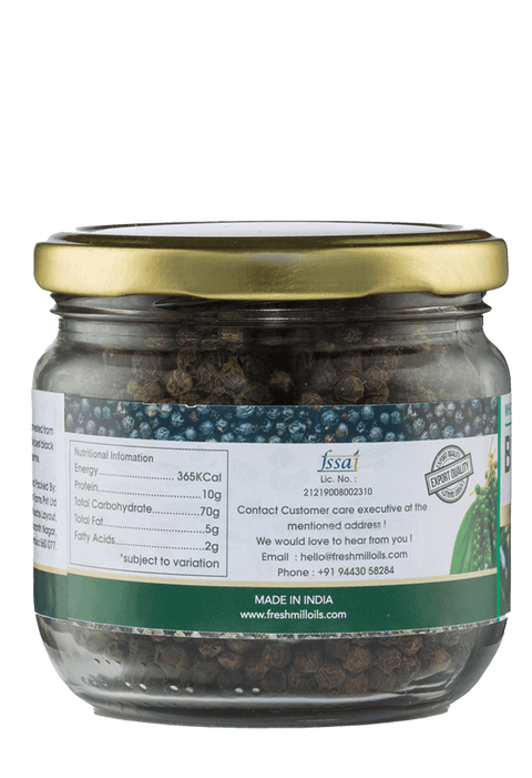 Nutrition facts label of Whole Black Pepper 100g jar – pure black peppercorns