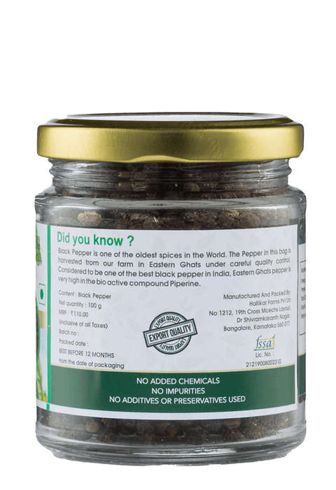 Whole Black Pepper jar highlighting purity, no added chemicals, and health info