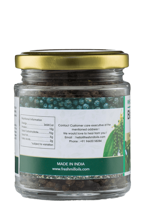 Back angle of Honey and Spice Whole Black Pepper jar with product and nutrition info visible