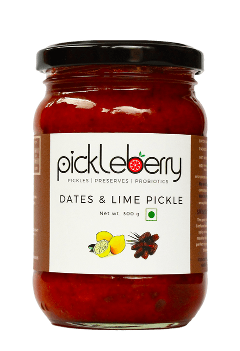 Dates & Lime Pickle jar showing a close-up of the vibrant label and rich pickle content inside.