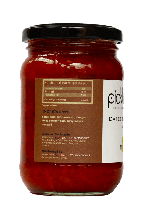 Side view of Dates & Lime Pickle jar, highlighting ingredient details and nutritional information.