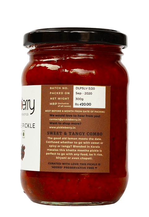 Dates & Lime Pickle jar with product specifications and sweet and tangy flavor description.