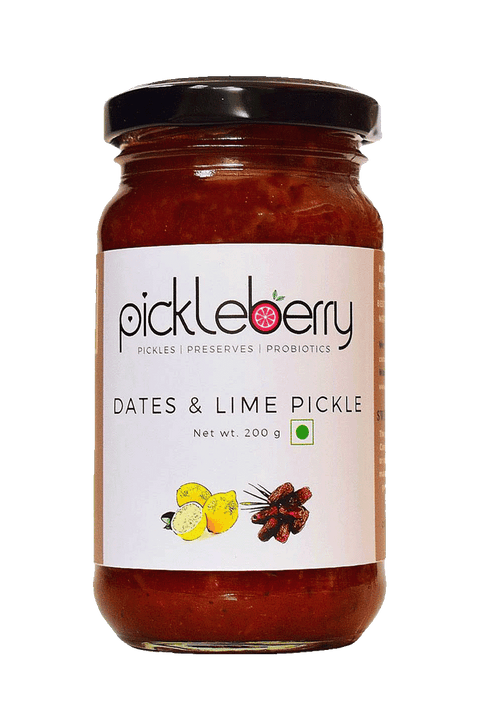 Dates & Lime Pickle in 200g jar, showcasing the label with natural ingredients and tangy flavors.