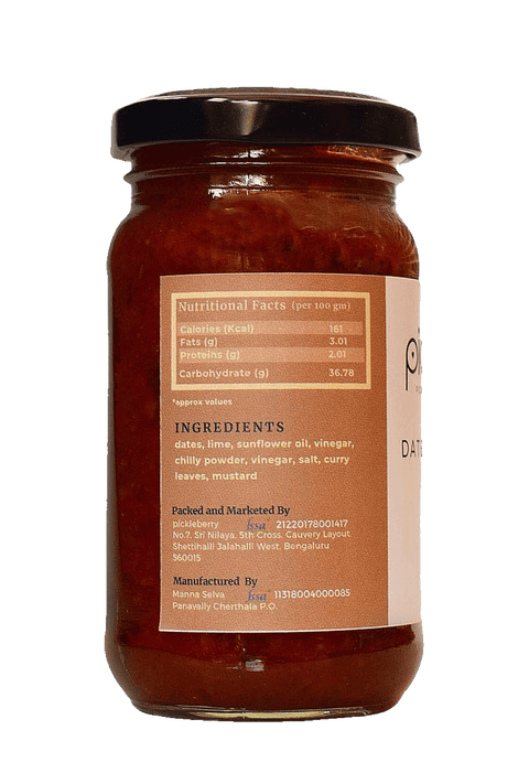 Back label of Dates & Lime Pickle jar, providing detailed product benefits and ingredient transparency.