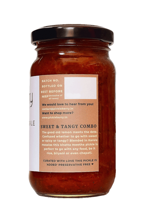 Dates & Lime Pickle jar showcasing ingredient list and high-quality packaging design.