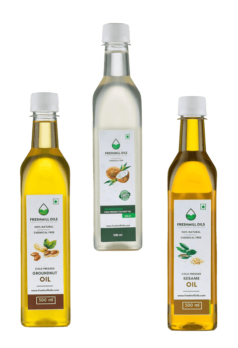 Premium cold-pressed oil trio – groundnut, coconut, and sesame oils