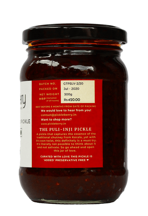 Back label of ginger and tamarind pickle jar featuring nutritional information and usage instructions.