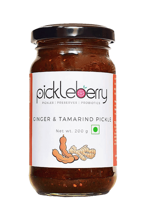 Pickleberry ginger and tamarind pickle jar 200 g showcasing premium homemade pickles made with natural ingredients.