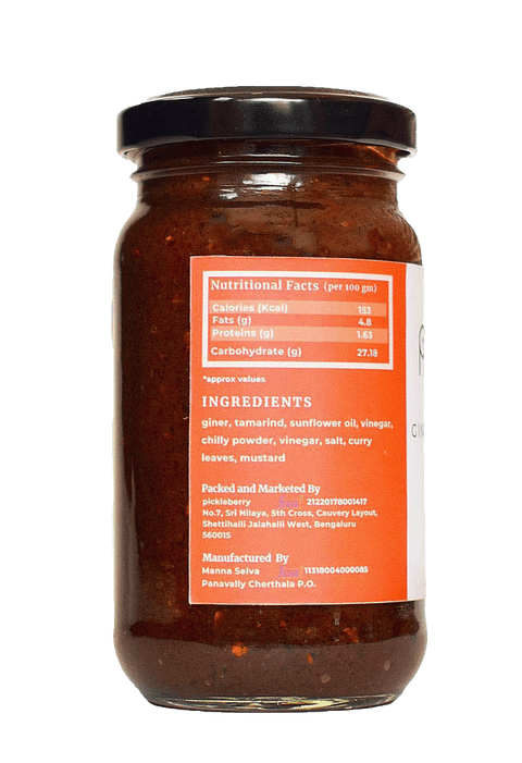 Pickleberry ginger and tamarind pickle side label showcasing its traditional recipe and storage tips.