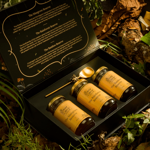 Forest Honey Gift Box – 3 wild raw honey jars with Brass Spoon from Mangrove, Rainforest, and Bamboo Reserves