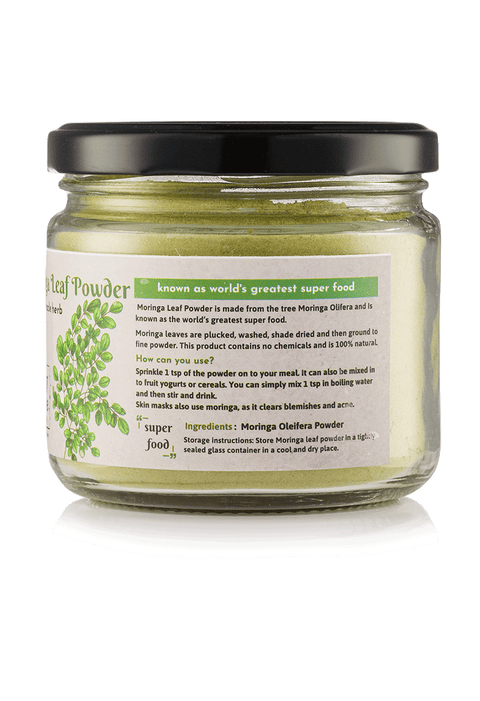 Side label of Moringa Leaf Powder jar – ingredients, benefits and usage information clearly displayed