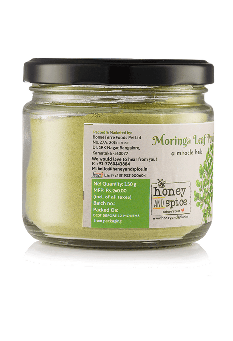 Angled view of Moringa Leaf Powder – organic and sustainably sourced leaf powder