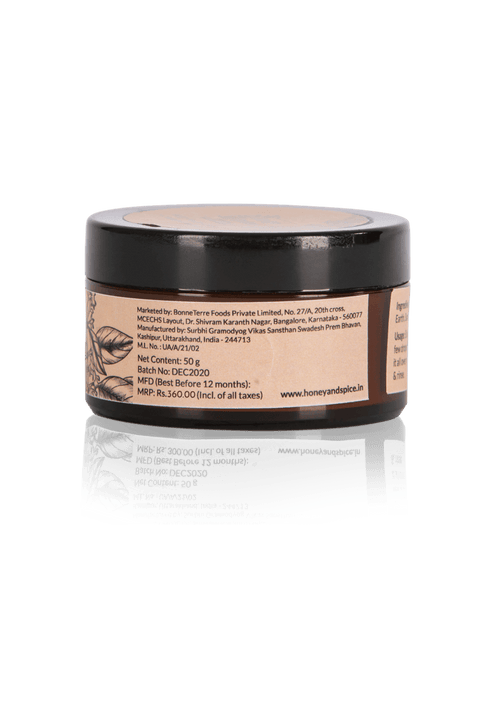 Back label of Rose & Sandalwood Face Pack highlighting ingredients and product details