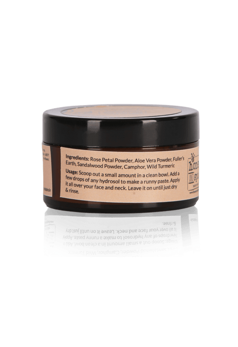 Side view of Rose & Sandalwood Face Pack jar showing usage directions and key skin benefits