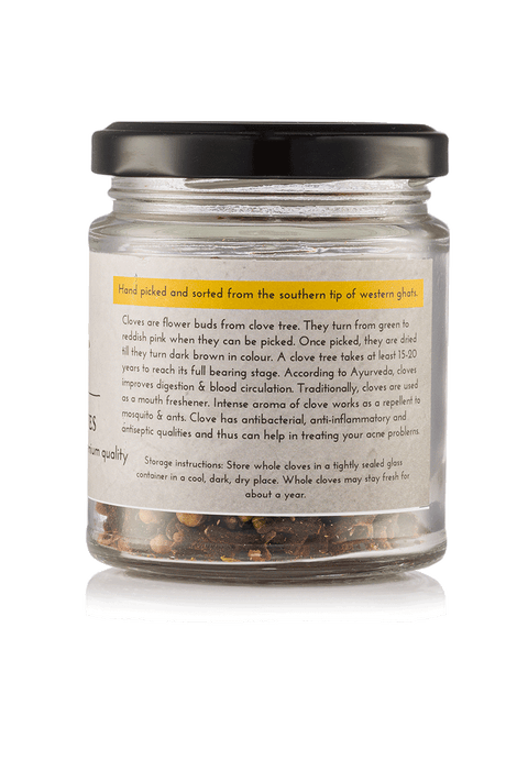Side view of Whole Cloves jar with detailed product story and sourcing information