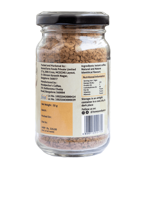 Instant coffee jar side view - ingredients and nutritional details